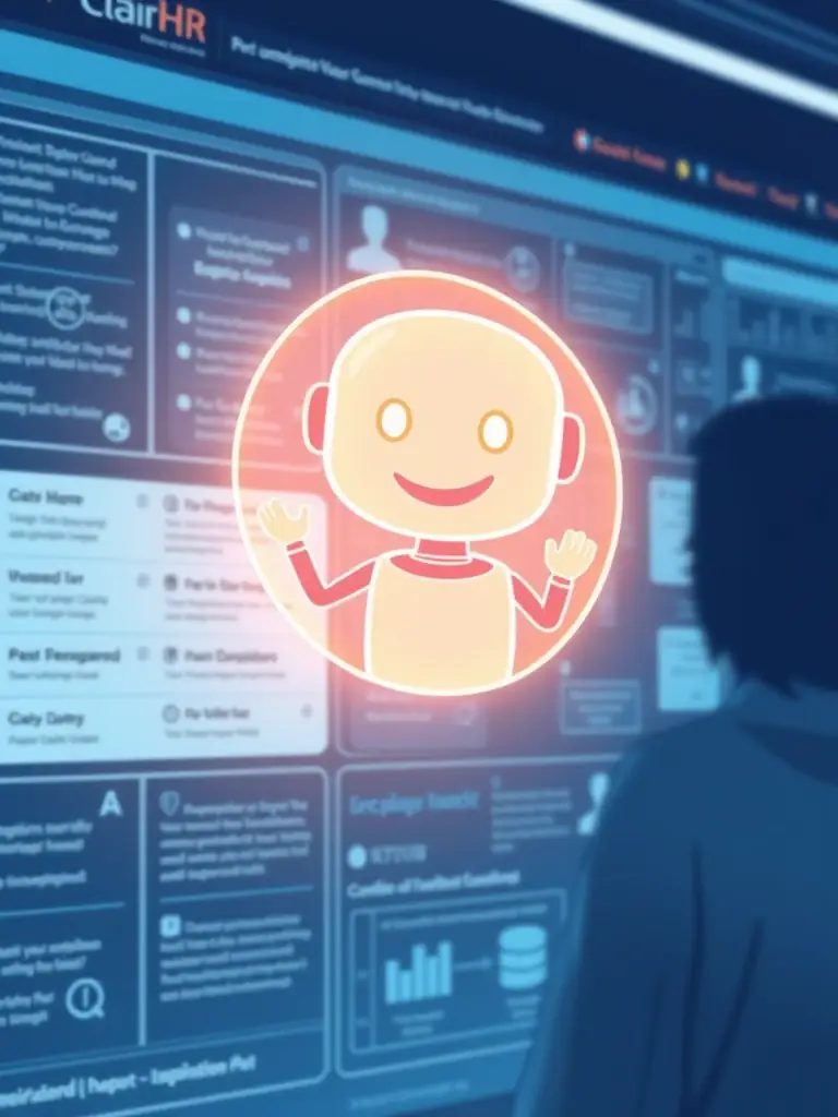 An AI assistant chatbot icon integrated within the ClairHR platform, assisting an HR professional with a complex employee query, highlighting the platform's AI capabilities.
