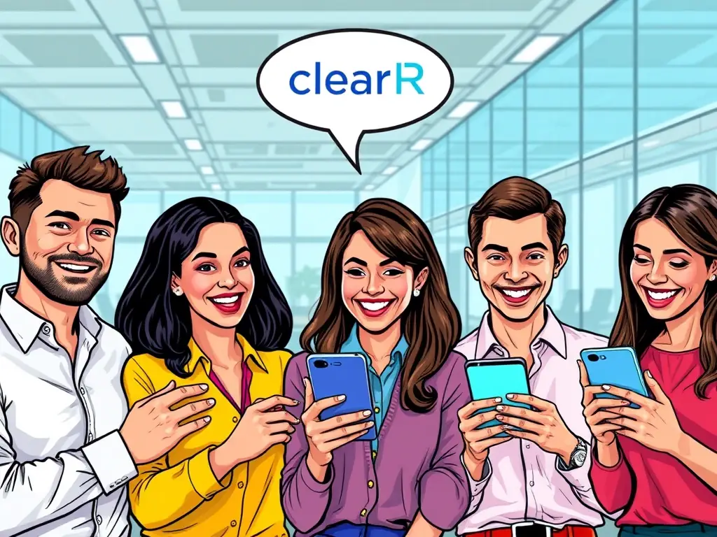 A diverse group of employees are smiling and interacting with the ClairHR mobile app on their smartphones in a modern office setting, showcasing the platform's accessibility and user-friendly interface.