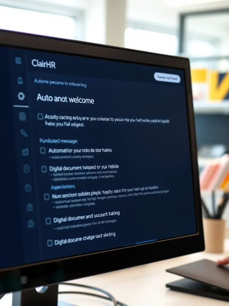 A screenshot of ClairHR's onboarding module, displaying a checklist of tasks, automated welcome messages, and digital document signing.