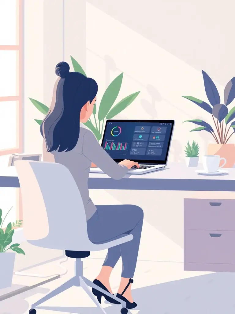 A stylized illustration depicting an HR professional interacting with the ClairHR platform on a laptop, showcasing the ease of use and intuitive interface.