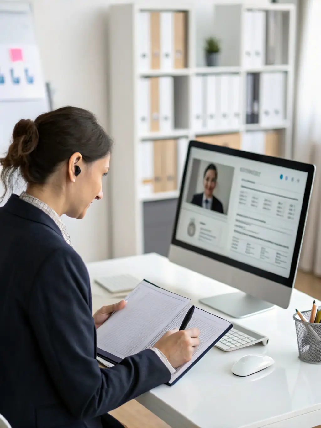 A professional headshot of a diverse HR professional using ClairHR's AI-powered recruiting dashboard, showcasing candidate profiles and automated screening tools.