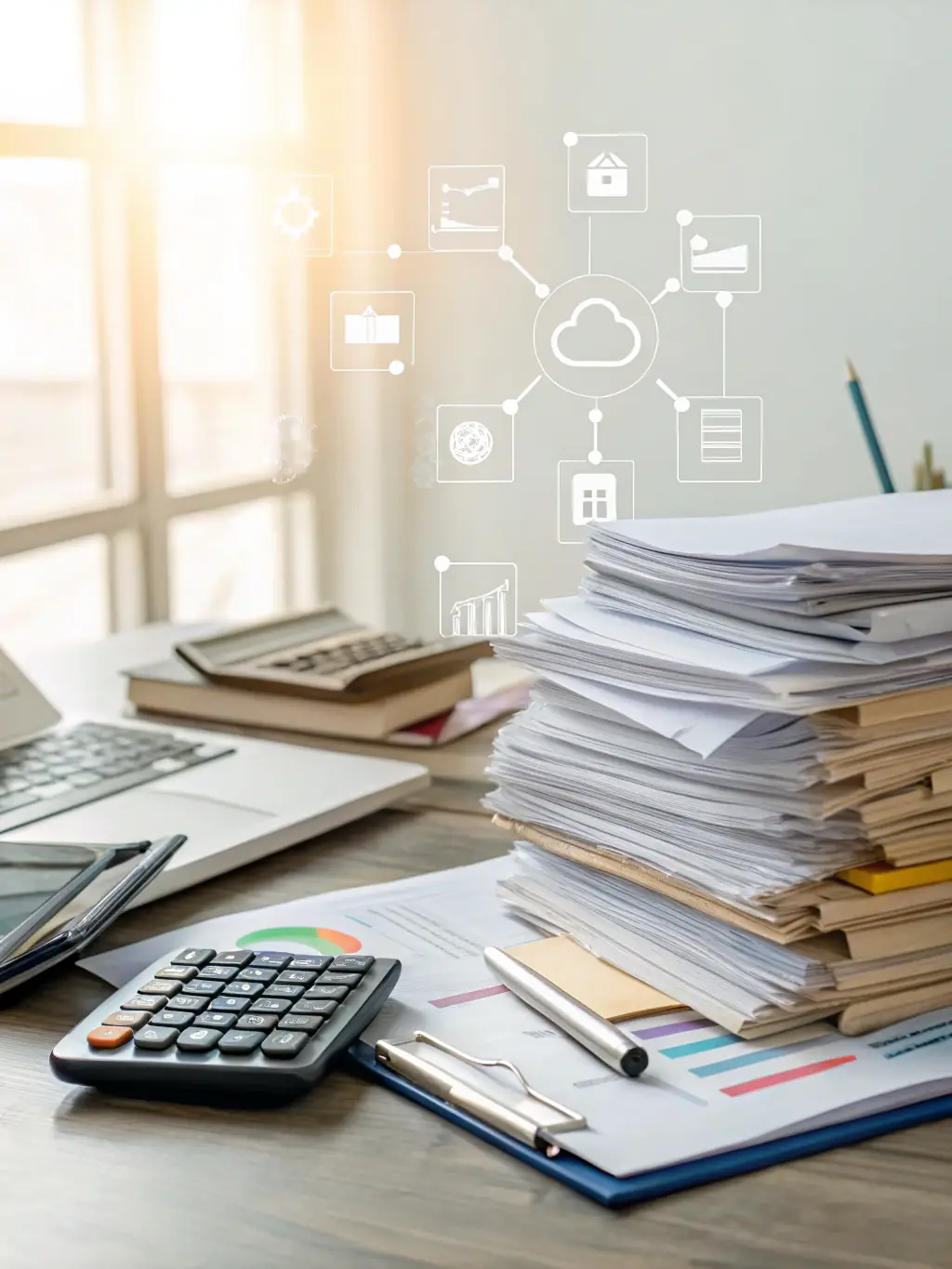 A visual representation of reduced paperwork and manual data entry, replaced by digital workflows and automated reporting within the ClairHR platform.