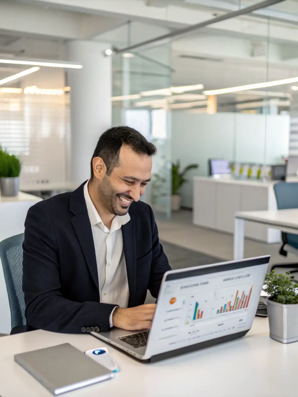 A professional HR manager using the ClairHR dashboard on a laptop, looking pleased and efficient, with charts and data visualizations in the background showcasing improved HR metrics.