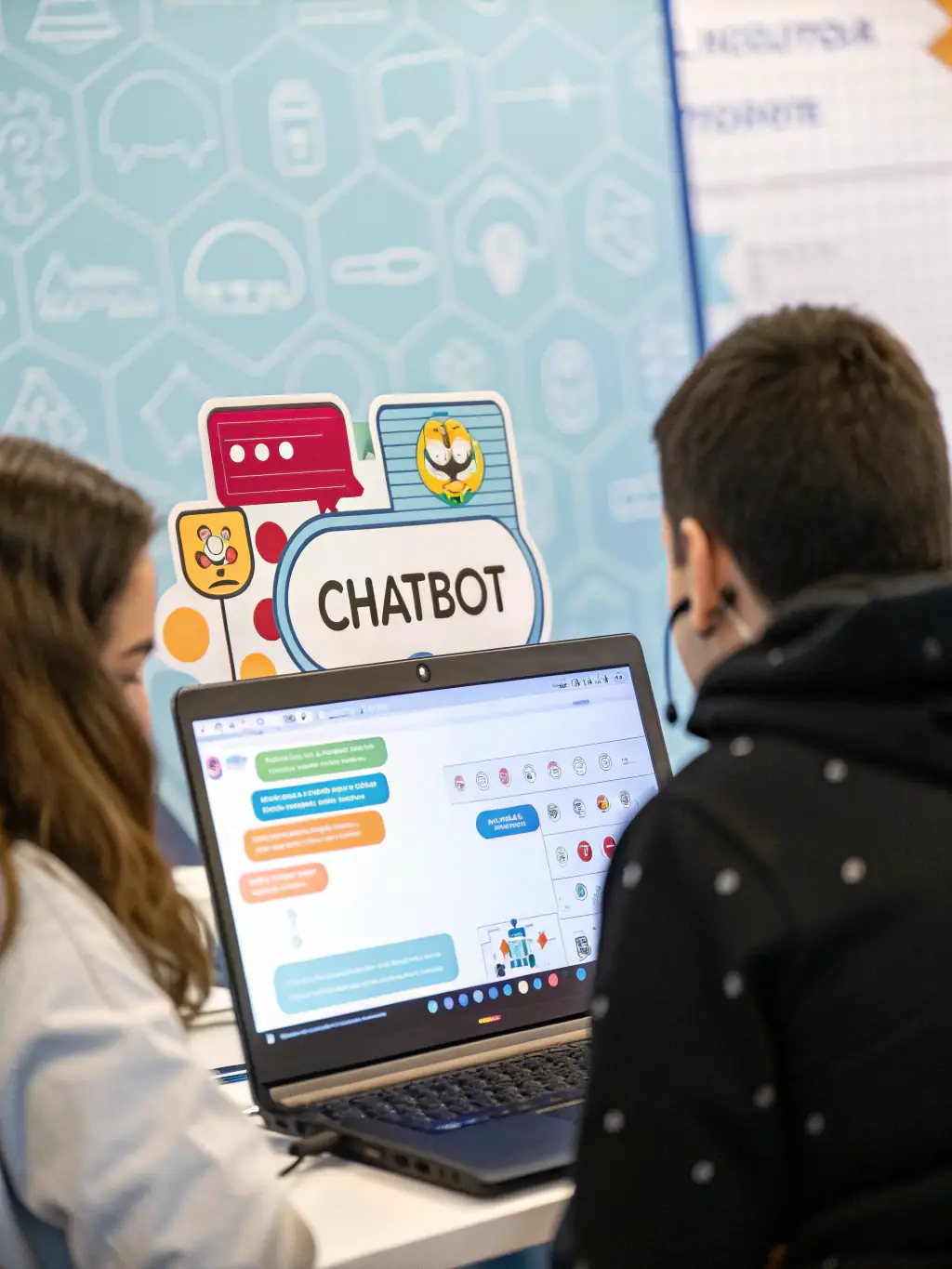 An illustration showing a virtual assistant (chatbot) icon interacting with an employee, representing the AI-powered self-service capabilities of ClairHR.